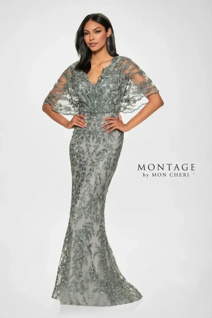 A woman is wearing a long dress with a v-neck and ruffled sleeves.
