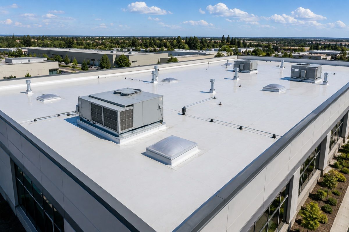Office building with newly completed commercial roofing system
