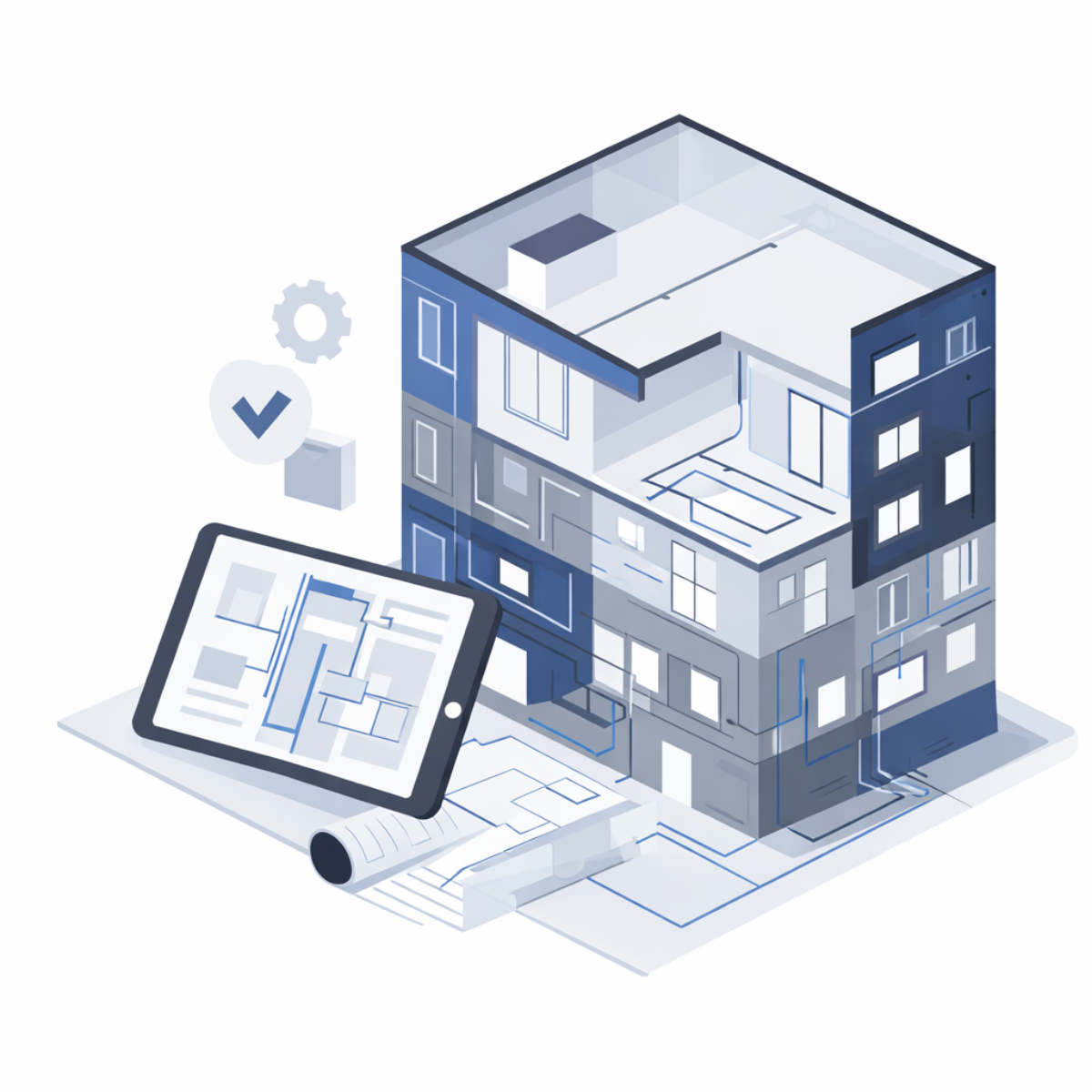 Isometric view of a building with architectural plans, a tablet with a floor plan, and design elements.