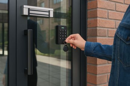 Person unlocking a glass door with a key near a keypad and brick wall.
