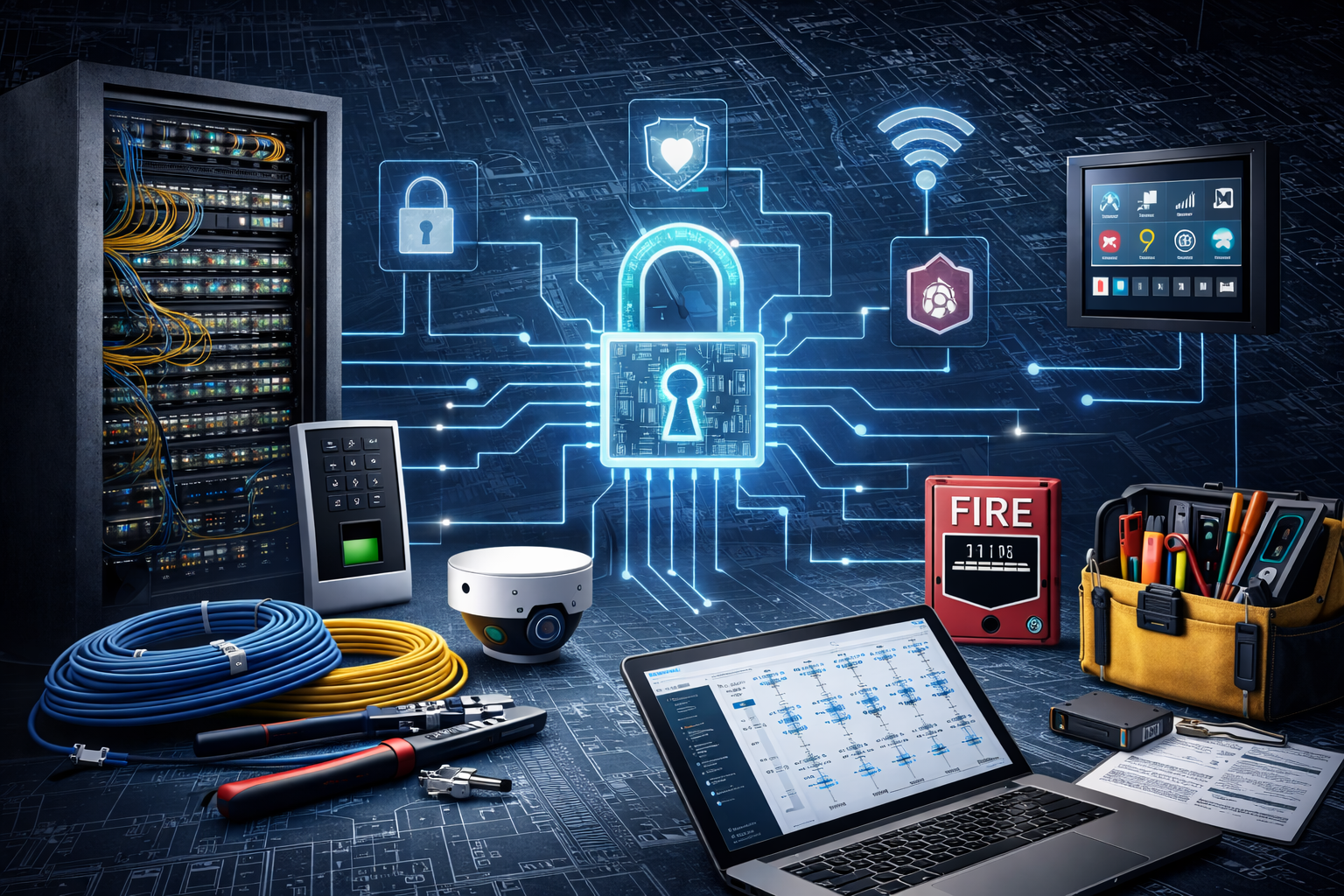 Network security setup with server rack, laptop, smart devices, and glowing circuit lines.