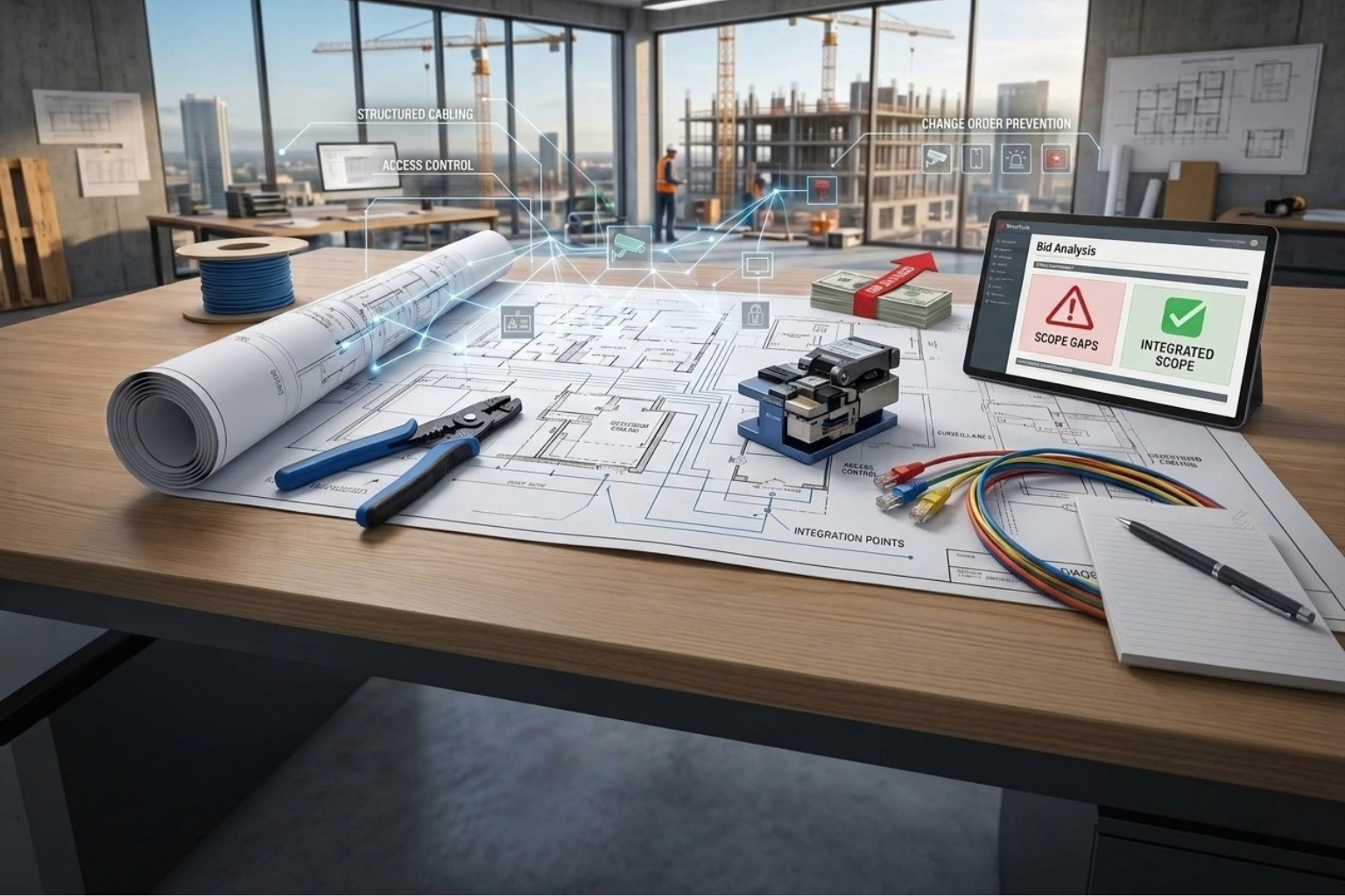 Architectural desk with blueprints, pens, model components, and a laptop in a bright office.