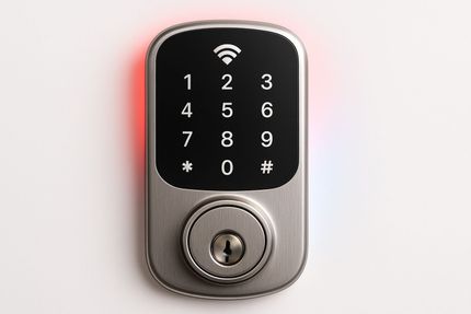 Digital keypad lock with numbers 0-9, and a Wi-Fi icon. Silver casing, on a blue surface.