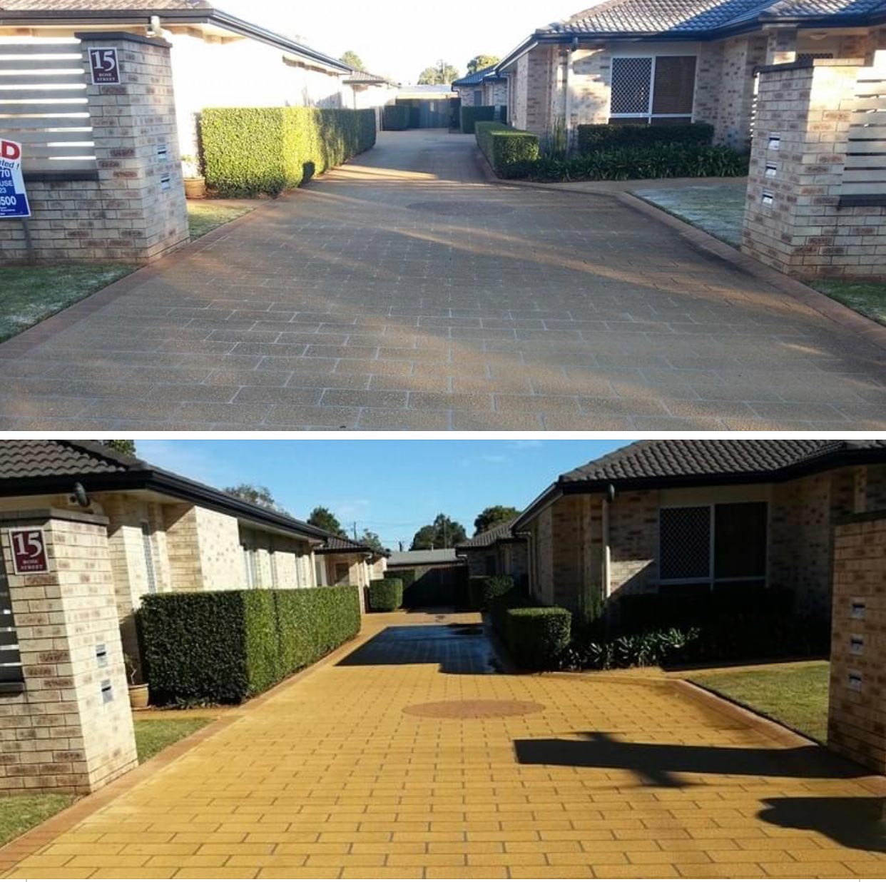 A Before and After Photo of a Brick Driveway — O & D House Wash & Cleaning Services in Glenvale, QLD