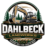 Dahlbeck Landworks logo with excavator, pine trees, and bold black, green, and gold lettering