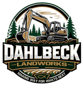 Dahlbeck Landworks logo with excavator, pine trees, and bold black, green, and gold lettering