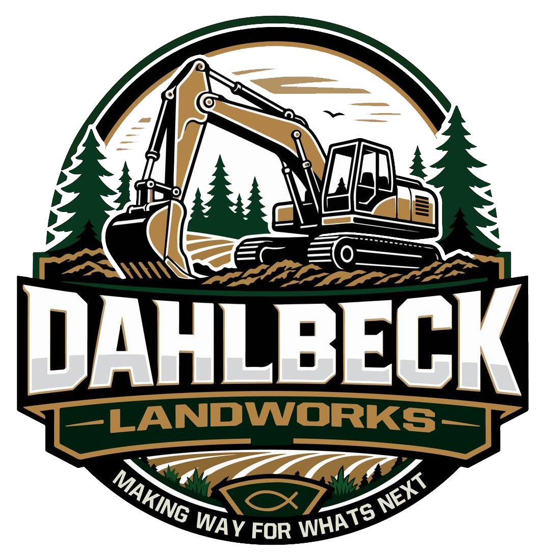 Dahlbeck Landworks logo with excavator, pine trees, and bold black, green, and gold lettering