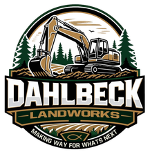 Dahlbeck Landworks logo with excavator, pine trees, and bold black, green, and gold lettering