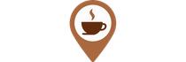 Icona marrone a forma di puntina di posizione contenente il simbolo di una tazza di caffè.