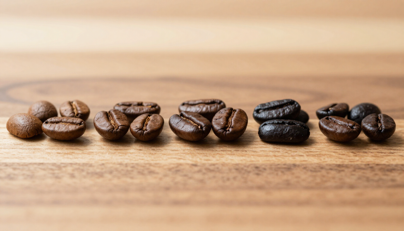 Cinque piccoli gruppi di chicchi di caffè tostati disposti in fila, che mostrano una gradazione da tostatura chiara a tostatura molto scura.