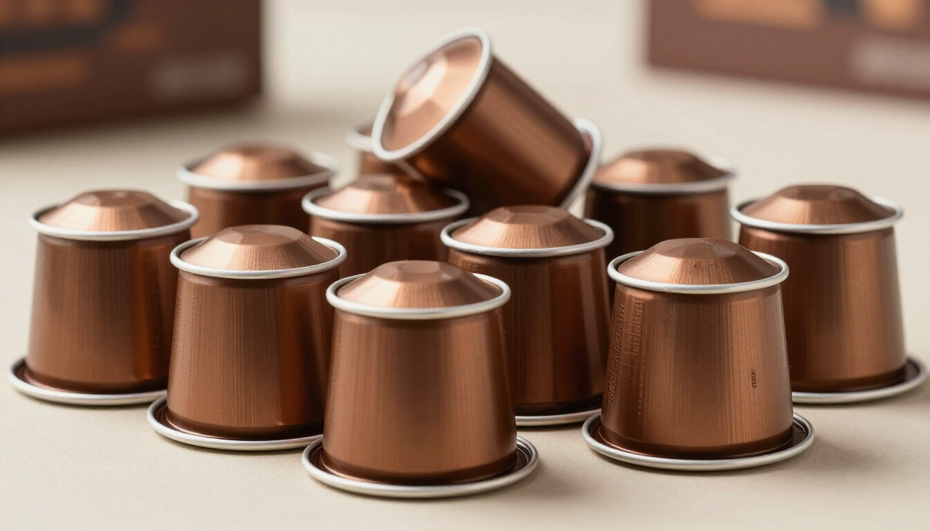 Un gruppo di capsule di caffè color bronzo metallico disposte su una superficie chiara.