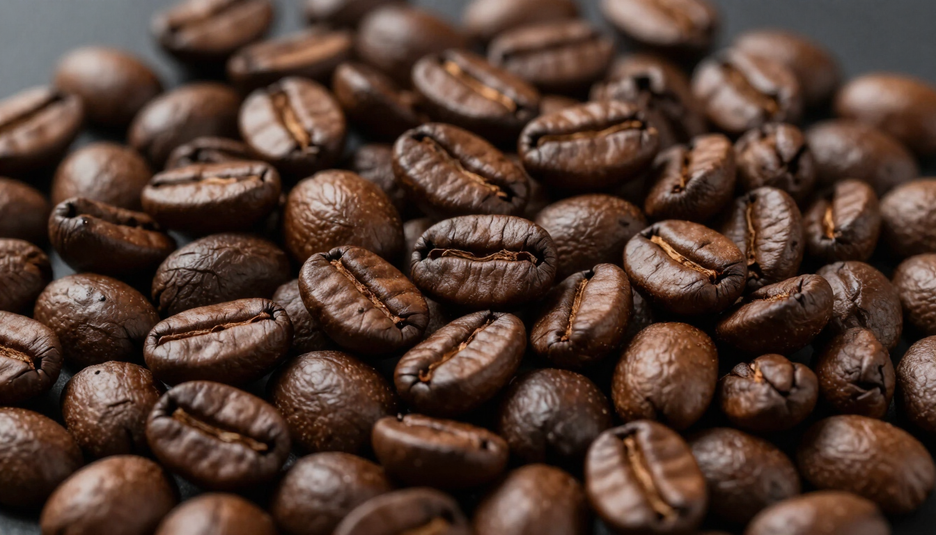 Un'immagine ravvicinata di numerosi chicchi di caffè tostati scuri sparsi su una superficie scura e neutra.
