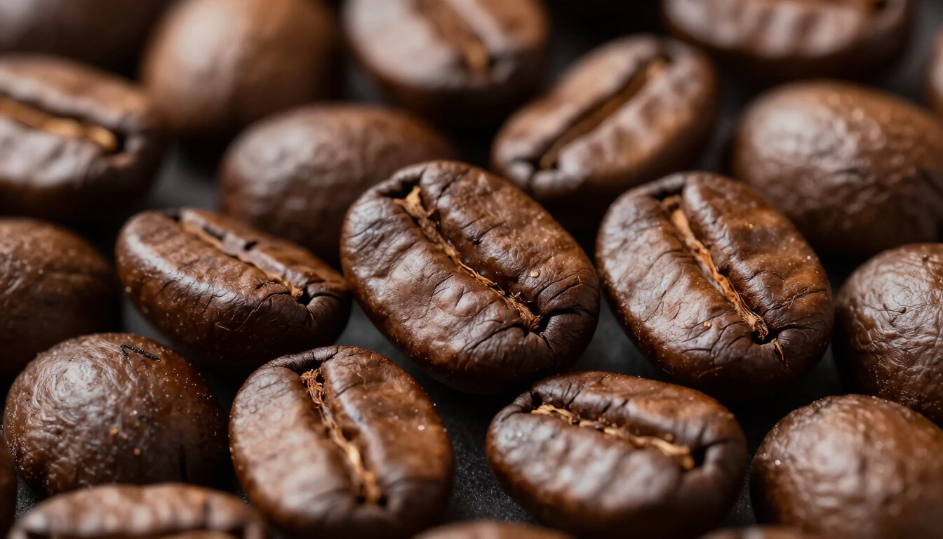Primo piano di chicchi di caffè tostati, di colore marrone scuro, con una crepa centrale ben visibile, che riempiono l'inquadratura.