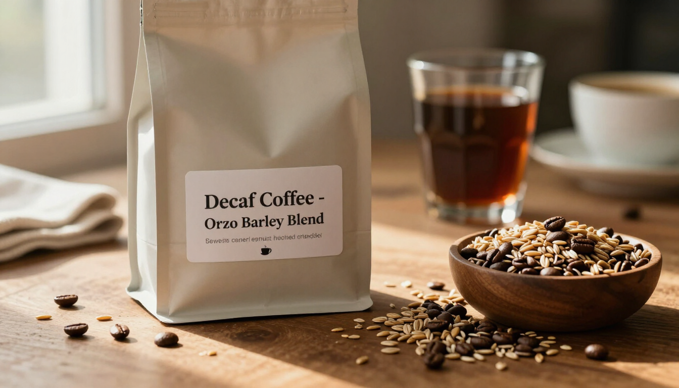 Una confezione di caffè decaffeinato Orzo Barley Blend accanto a una ciotola di chicchi e cereali di caffè e un bicchiere di caffè appena fatto.