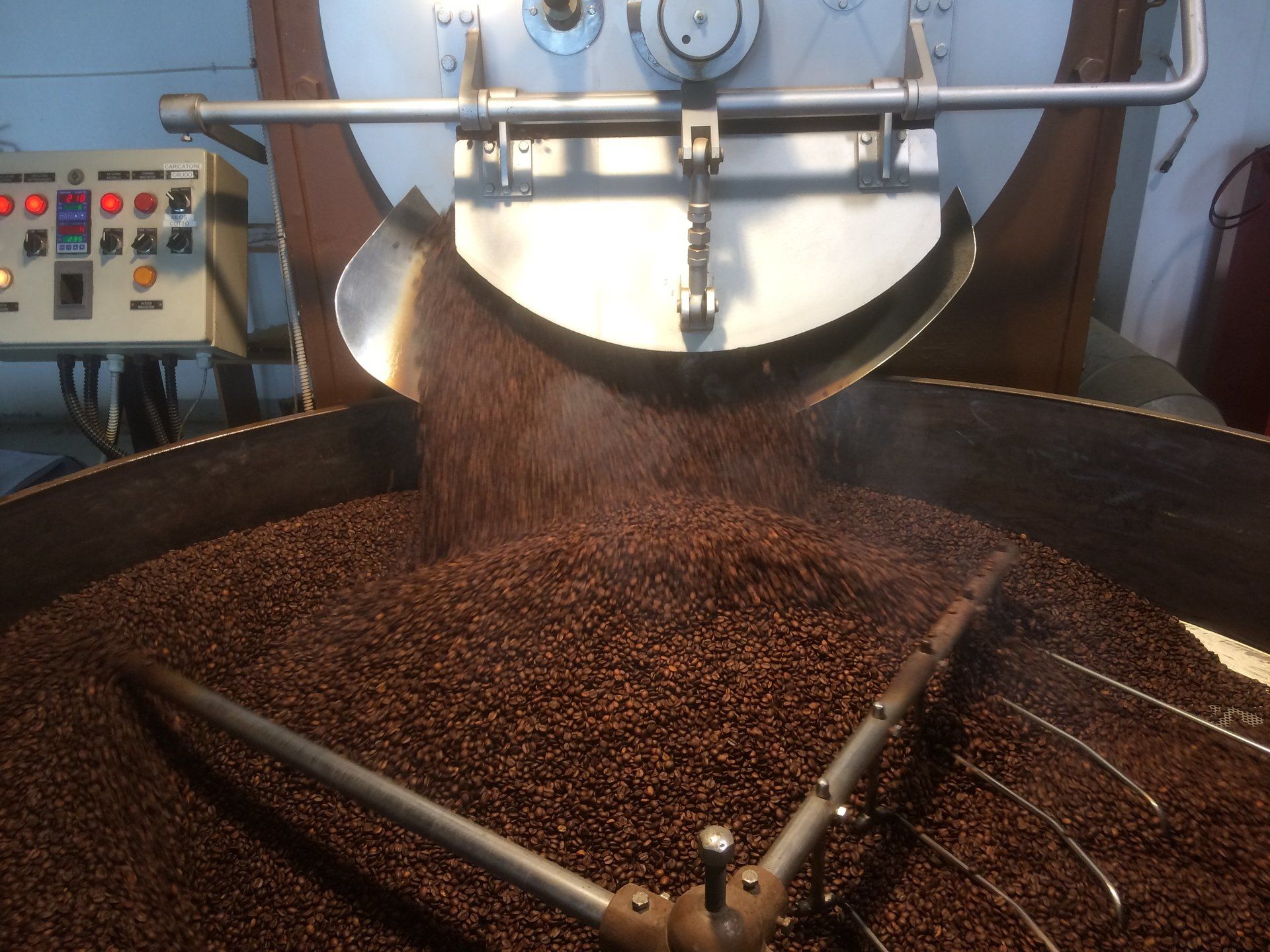 Chicchi di caffè tostati che vengono versati da una tostatrice industriale in un vassoio di raffreddamento circolare dotato di braccio miscelatore.