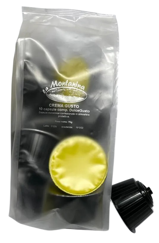 Una busta di plastica trasparente contenente capsule di caffè della marca La Montanina con tappo in alluminio giallo, accanto a una singola capsula di caffè nera.