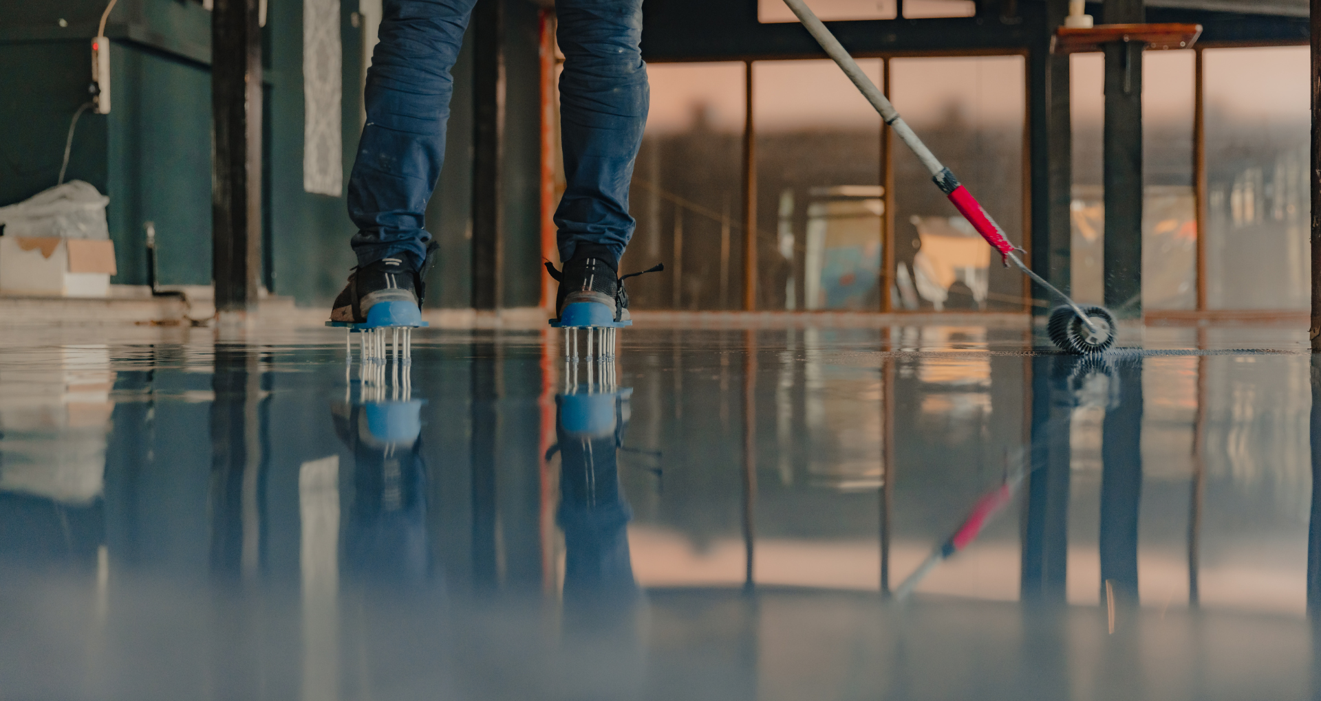 Worker’s legs and a floor polisher reflected in a glossy indoor floor.