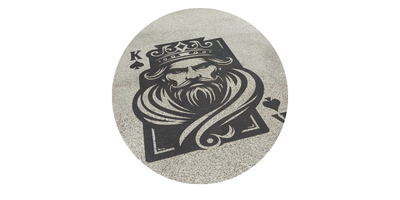 Black-and-white graphic of a bearded king with a crown, like a playing card design