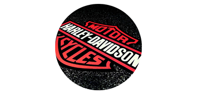 Red Harley-Davidson Cycles logo on a black speckled circular background