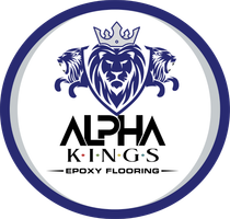 Alpha Kings epoxy flooring logo with a blue lion crest and circular border