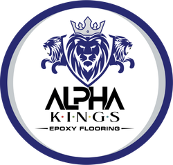 Alpha Kings epoxy flooring logo with blue crowned lion emblem and circular border
