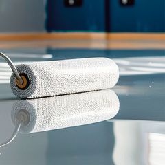 White paint roller reflected on a glossy floor in a blue room
