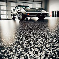 Classic black sports car in a garage, low angle view on a glossy speckled floor