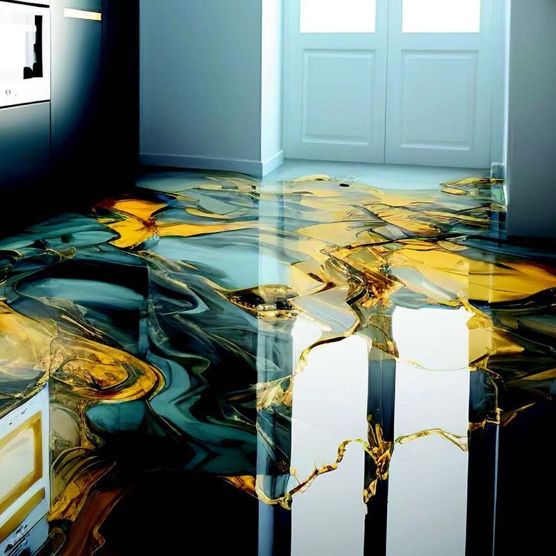 Glossy black and gold marbled floor in a bright modern room near white double doors