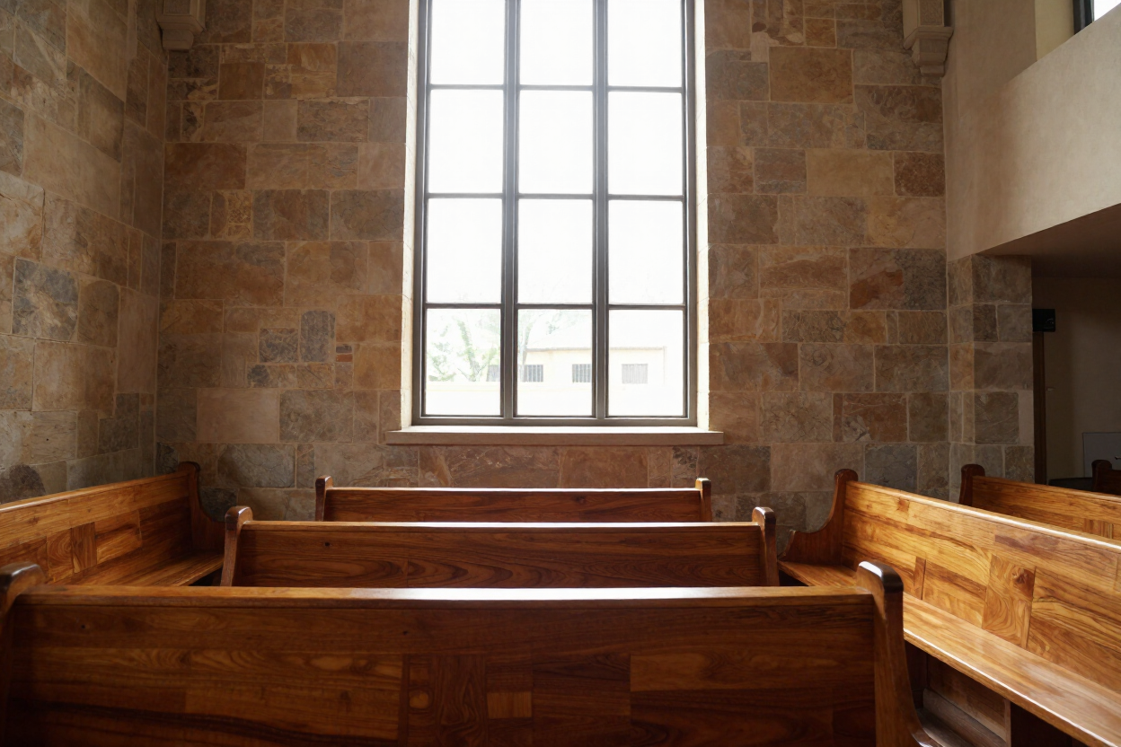 Warm church interior with natural light through tall windows