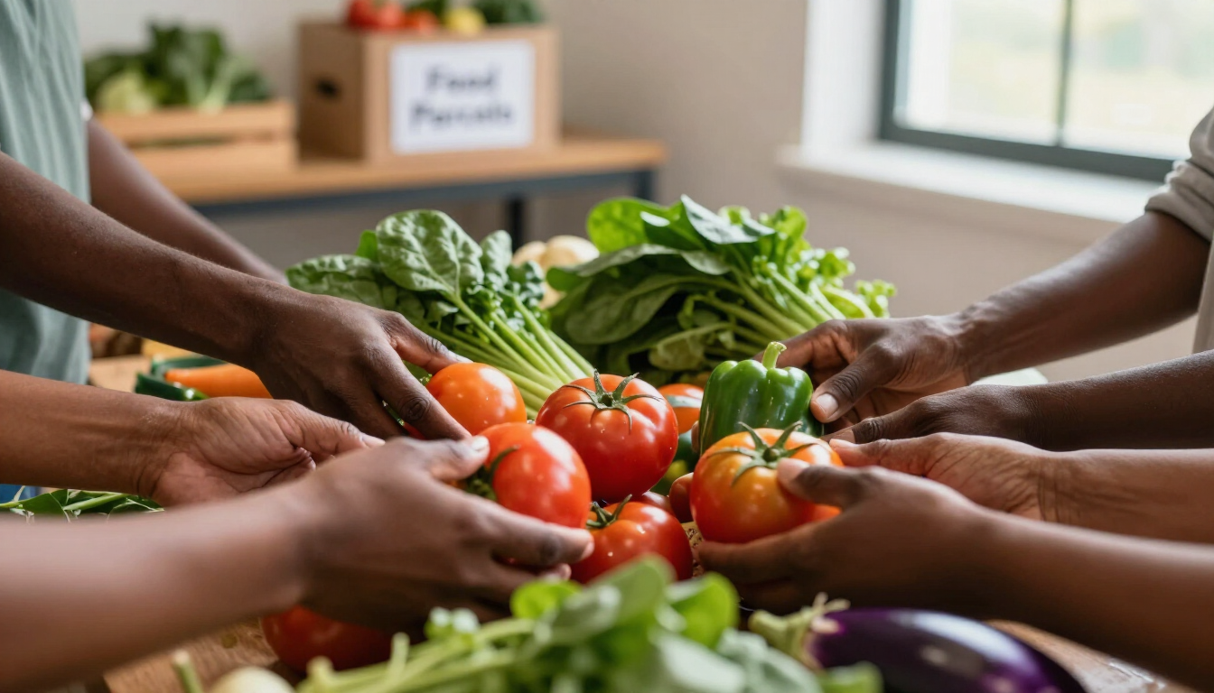 Hands sorting fresh produce for food relief parcels