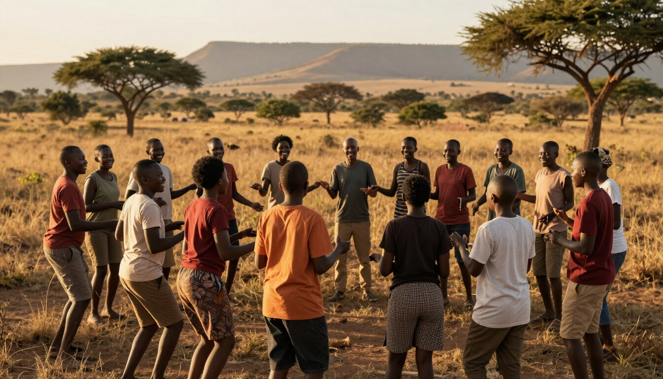 People gathered outdoors in a South African setting, suggesting community mission