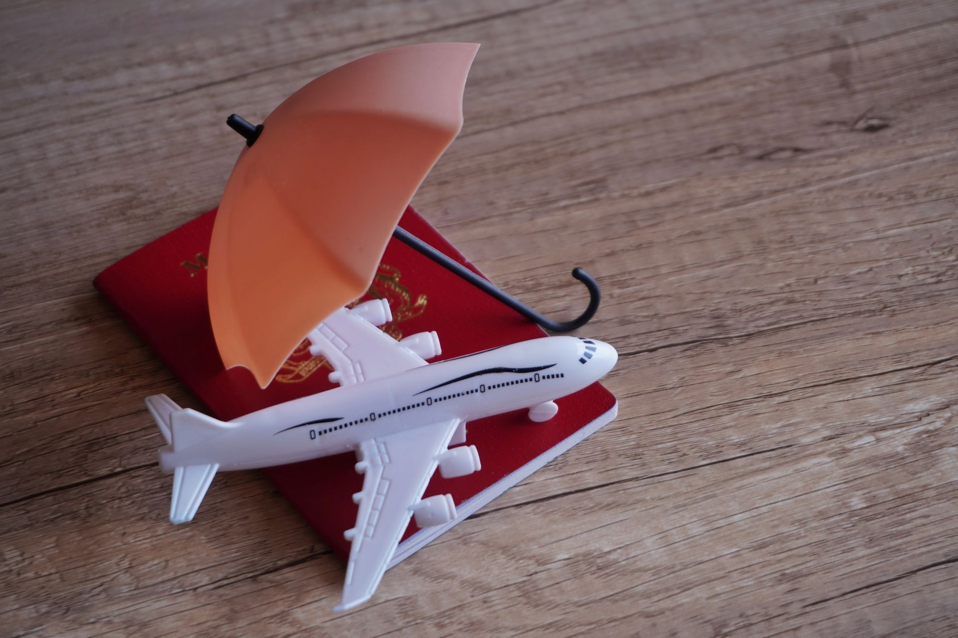 A toy airplane is sitting on top of a passport with an umbrella