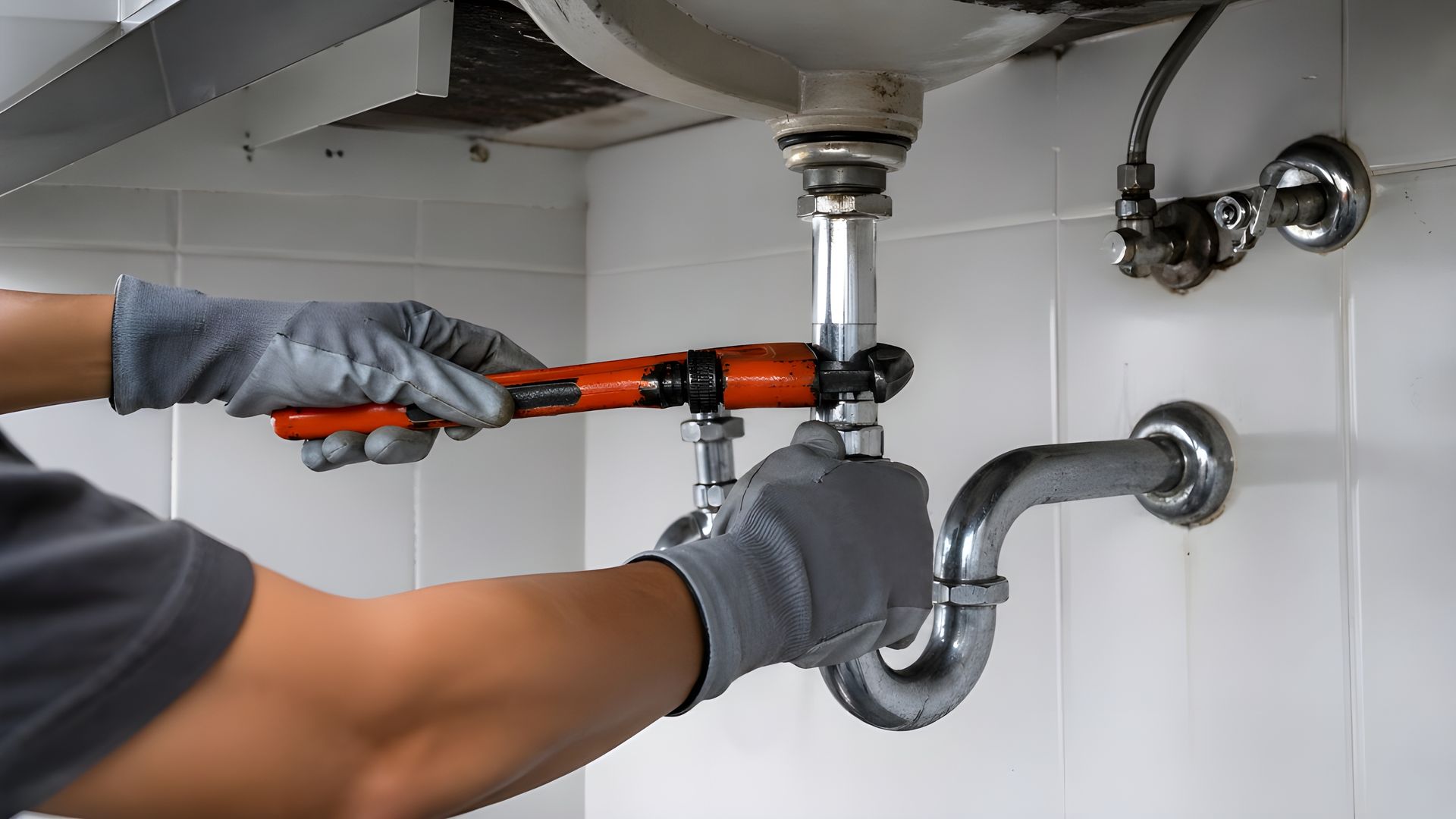 Professional plumber checking a bathroom sink drain. Professional plumber checking a bathroom sink drain.