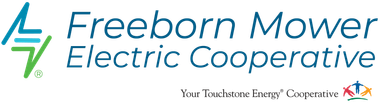 Freeborn Mower Electric Cooperative logo with blue and green lightning bolt icon and tagline