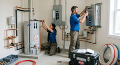 Two technicians installing water heaters in a utility room with pipes and tools