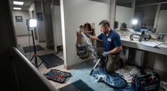 Technician kneeling in a workshop, using a hose on a machine with tools and lights around him.