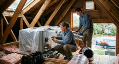 People installing a large appliance in a wooden attic, wrapped in plastic, with tools and supplies nearby.