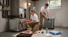 Two technicians installing and testing HVAC equipment in a utility room