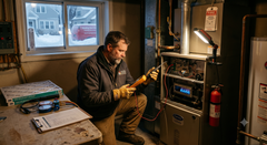 Man kneels by an open heater, inspecting a tool in a dim workshop with papers, lamp, and window nearby
