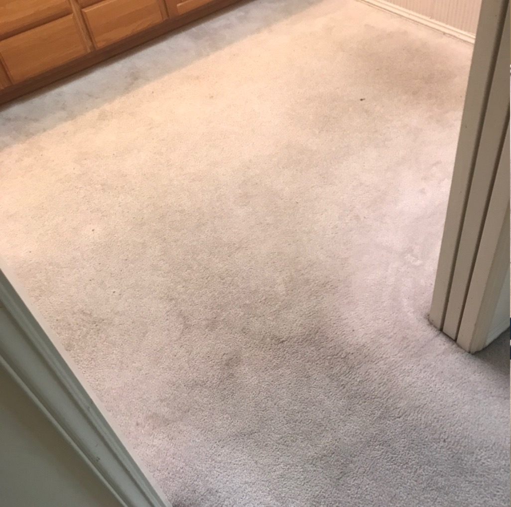 Beige carpeted hallway with doorway trim and wooden dresser in the background