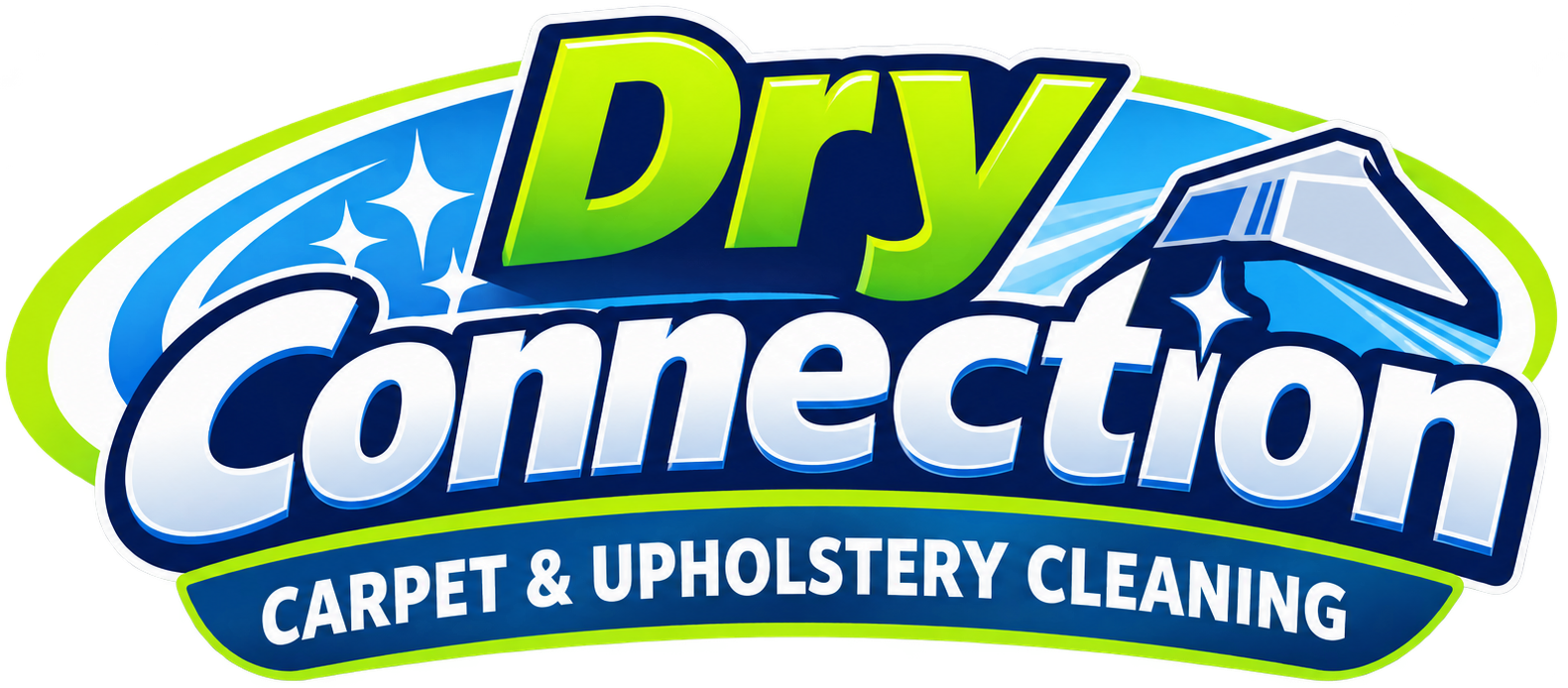 Dry Connection carpet and upholstery cleaning logo in blue and green with a house icon