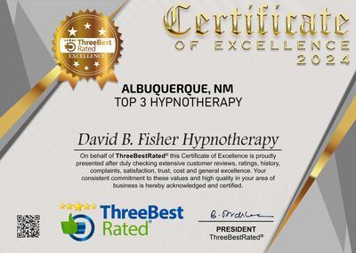 Certificate of Excellence for David B. Fisher Hypnotherapy in Albuquerque, NM, as a Top 3 hypnotist, 2024