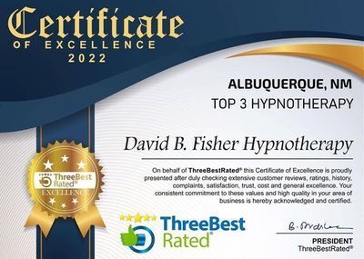 Certificate of Excellence 2022 from ThreeBestRated, naming David B. Fisher Hypnotherapy in Albuquerque, NM