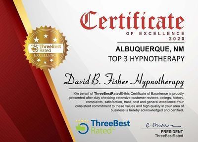 Certificate of Excellence for David B. Fisher Hypnotherapy, Albuquerque, NM, Top 3. Gold seal, red and gold accents.