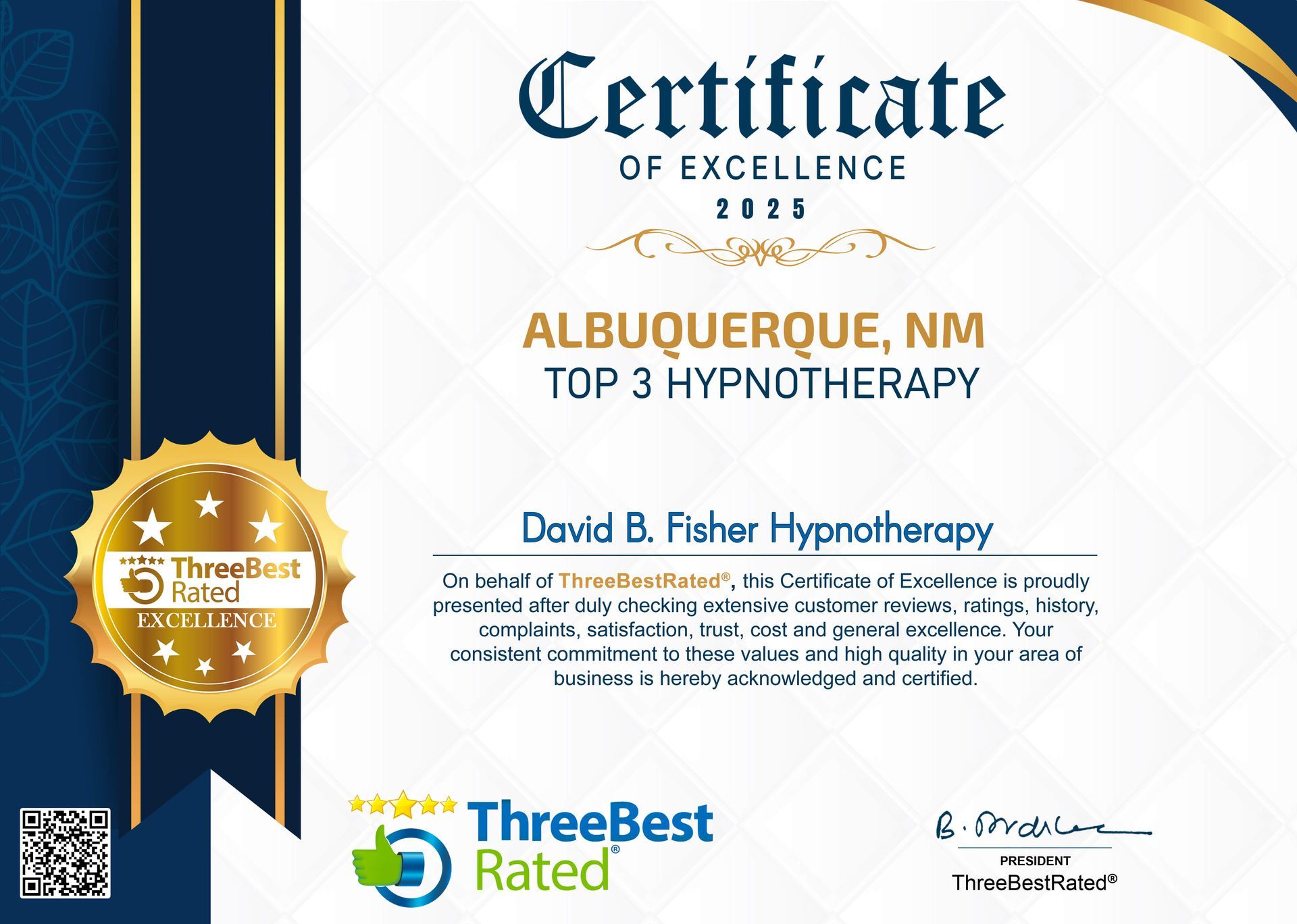 Certificate of Excellence 2025 for Top 3 Hypnotherapy in Albuquerque, NM, from ThreeBestRated