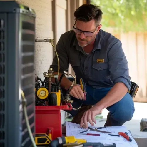 Technician in blue shirt kneels by tools and papers, working on equipment beside a house wall.