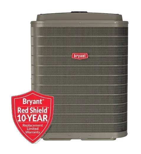 Bryant air conditioner unit with Red Shield 10-year replacement warranty badge