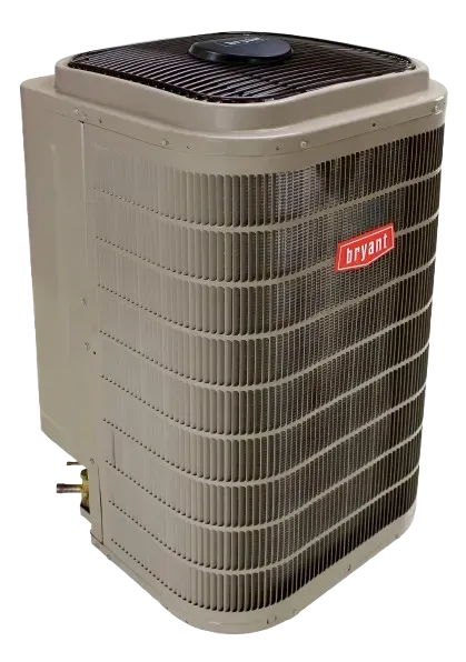 Beige outdoor air conditioning unit with a red Carrier logo on the side