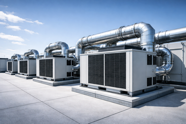 Row of large rooftop HVAC units with silver ducts on a flat industrial roof