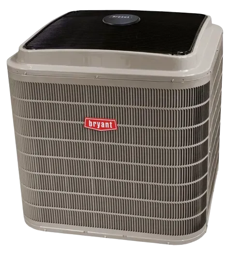 Outdoor Bryant air conditioner unit with gray grille and black top fan section